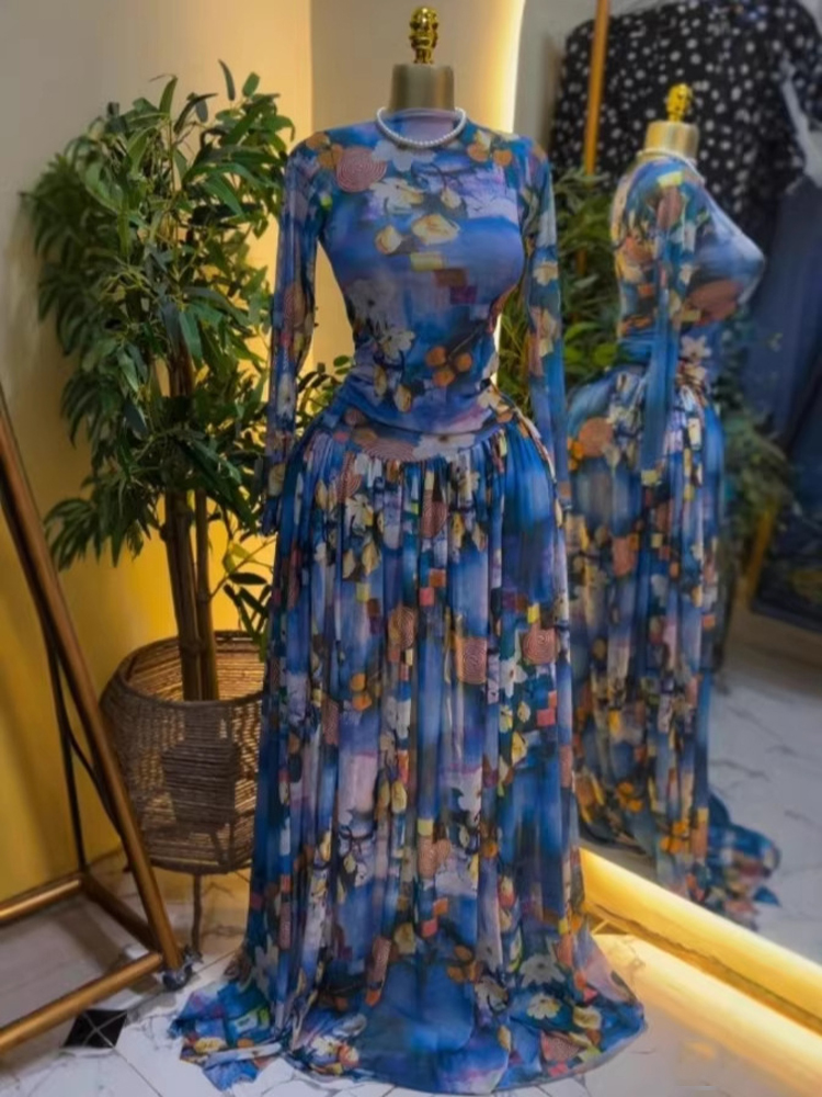 Robe longue élégante pour femme, mode automne, imprimée, en maille patchwork, manches longues, moulante, plissée, sexy, pour anniversaire, soirée ou fête.