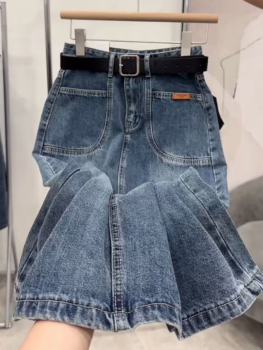 Jupe en jean bleu délavé pour femme, grande taille, taille élastique, dos fendu, jean, polyvalent, mi-long, dames, printemps, été