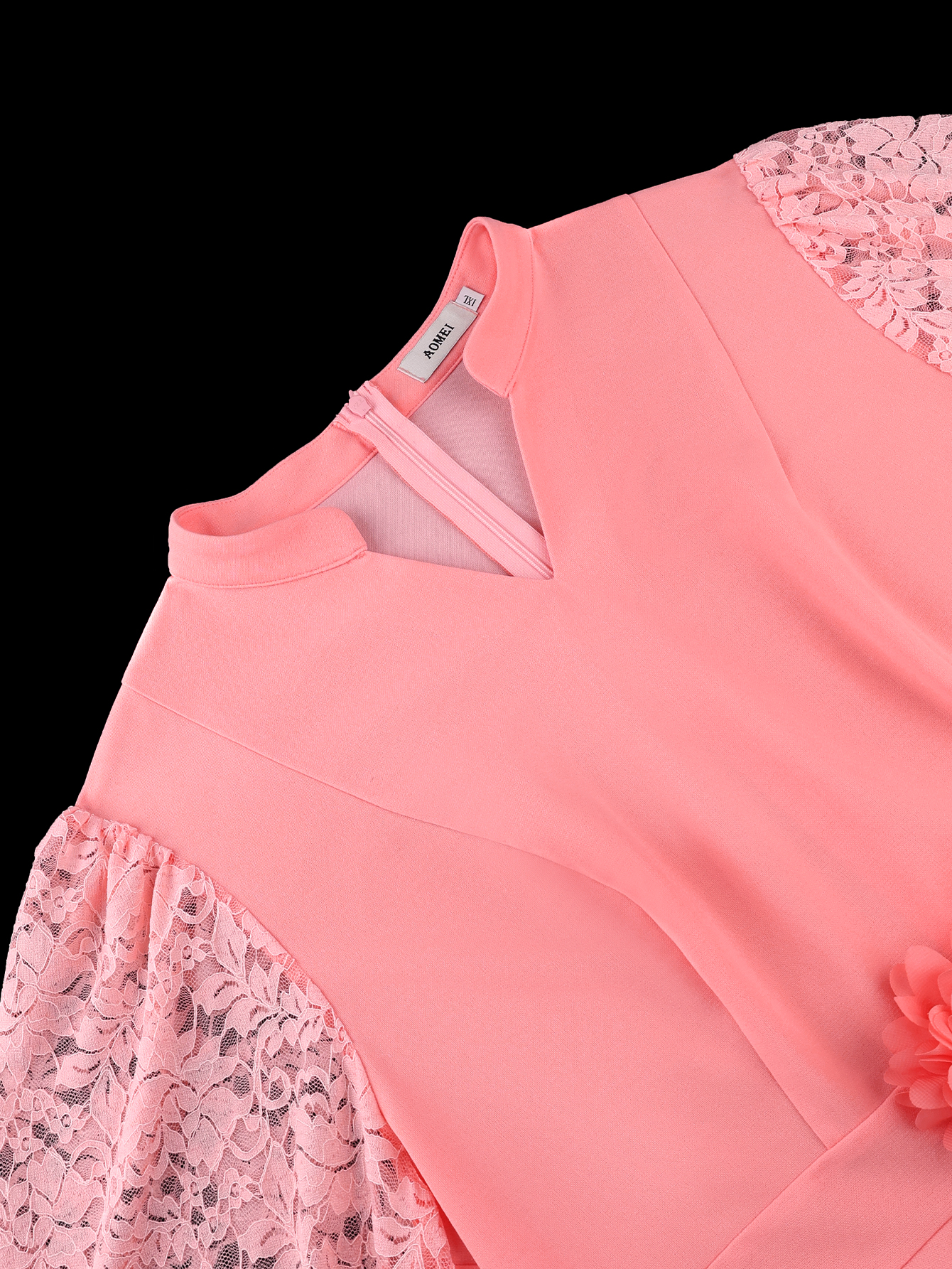 Chemisier Peplum Rose pour Femme, Col Montant, Col en V à Revers, Manches Longues en Dentelle Type Lanterne, Fleur 3D à la Taille, pour Église, Mariage, Invitée, Tenue Décontractée