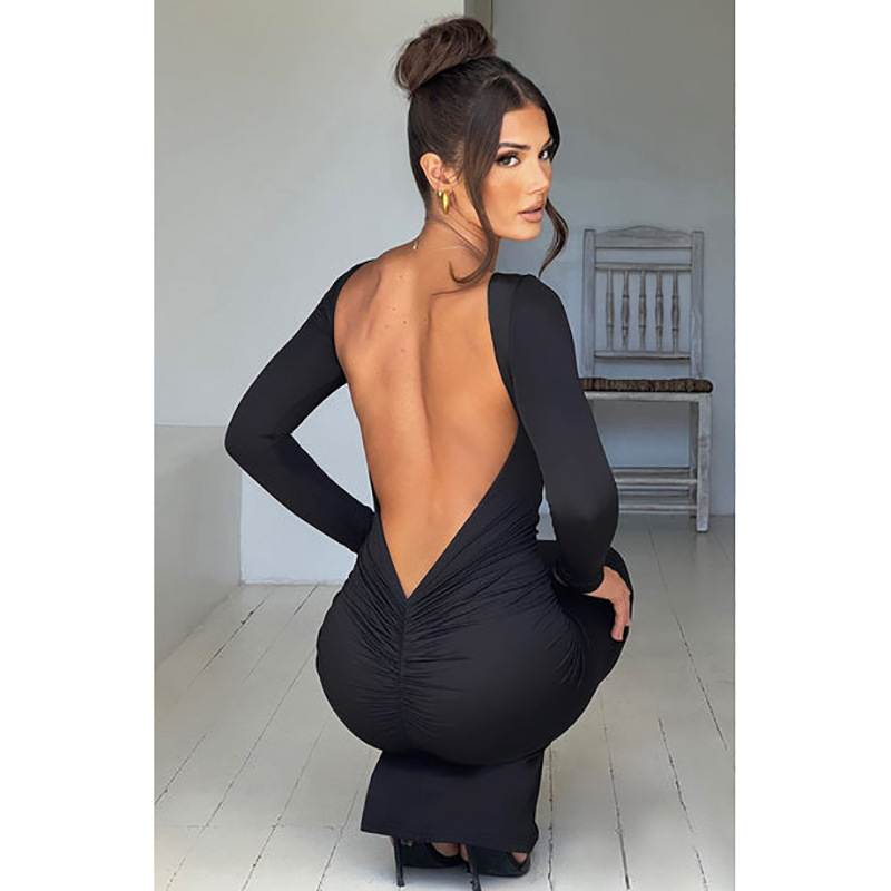 Nouvelle Robe Longue Élégante pour Femme, Collection Été 2026, Design Sophistiqué, Moulante, pour Soirée, avec Dos Nu et Manches Longues