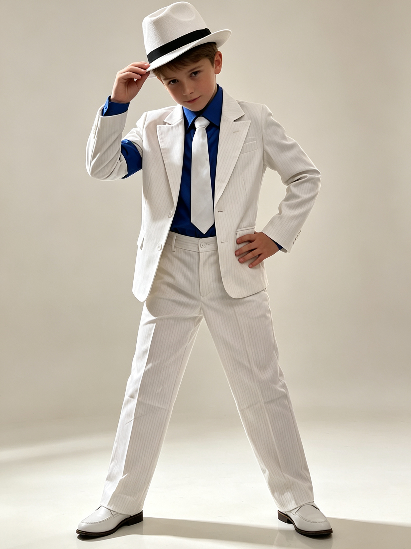 Costume formel pour enfants, tenue à rayures fines blanches pour garçons avec chapeau et cravate