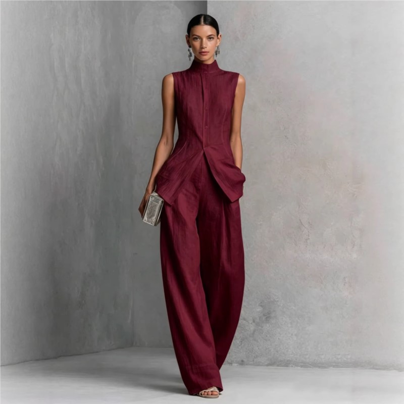 Nouvel ensemble de costume en coton et lin uni pour femme : haut sans manches à col roulé et pantalon taille haute, tenue ample boutonnée printemps-été