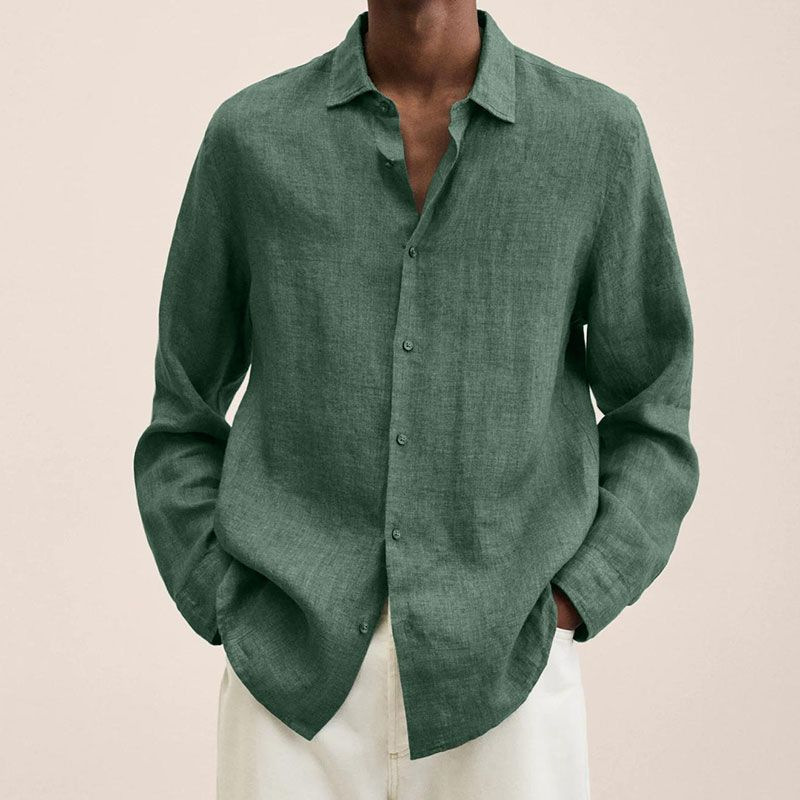 Chemise à manches longues en lin et coton pour hommes, coupe décontractée, col boutonné, respirante, couleur unie, hauts d'été pour hommes