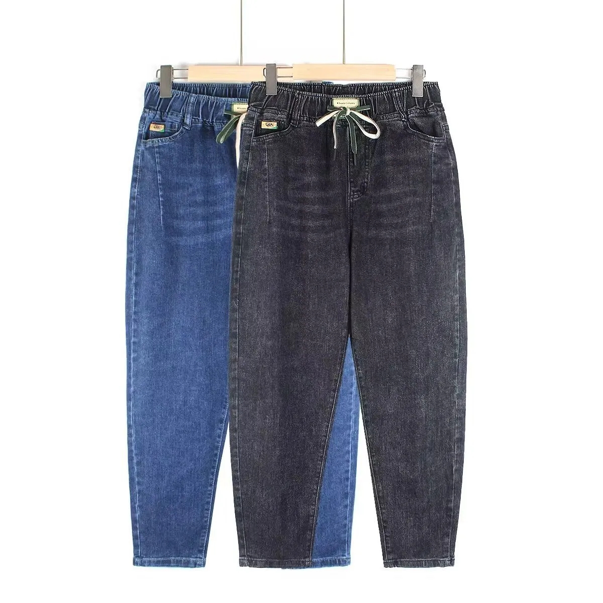 Jean pour femme Streetwear Printemps Automne 2026 Nouveau Pantalon Harun élastique taille haute en denim décontracté à poches coupe 7/8
