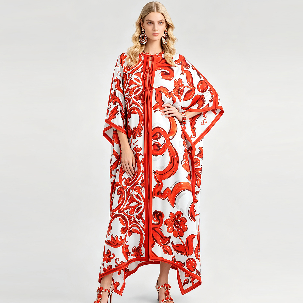 Robe longue kaftan pour femme, imprimé baroque violet, manches chauve-souris, style bohème, ample, cache-maillot de bain, robe de plage pour les vacances d'été