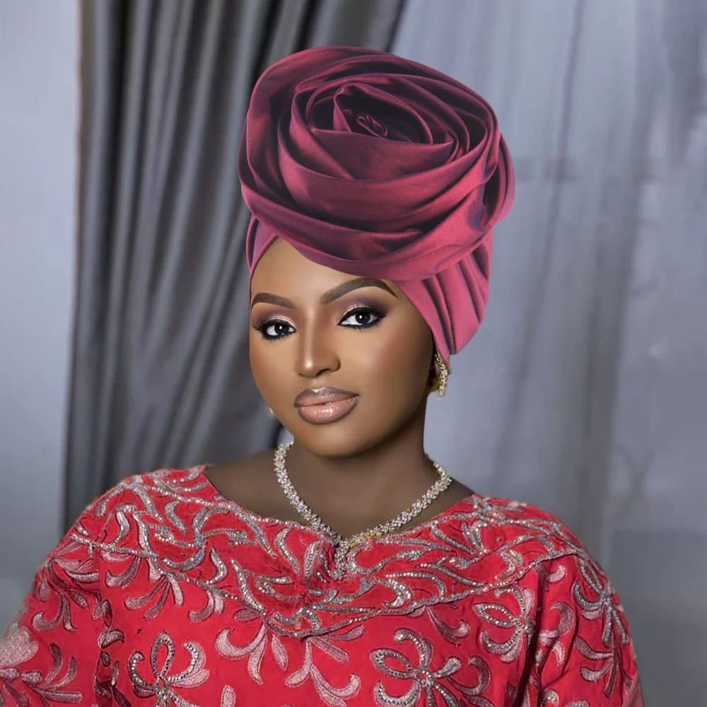 Bonnets Turban africains en soie brute, grande fleur de Rose, couvre-chef pour femmes, enveloppes de tête, Geles de mariage nigérian, Bonnet de fête