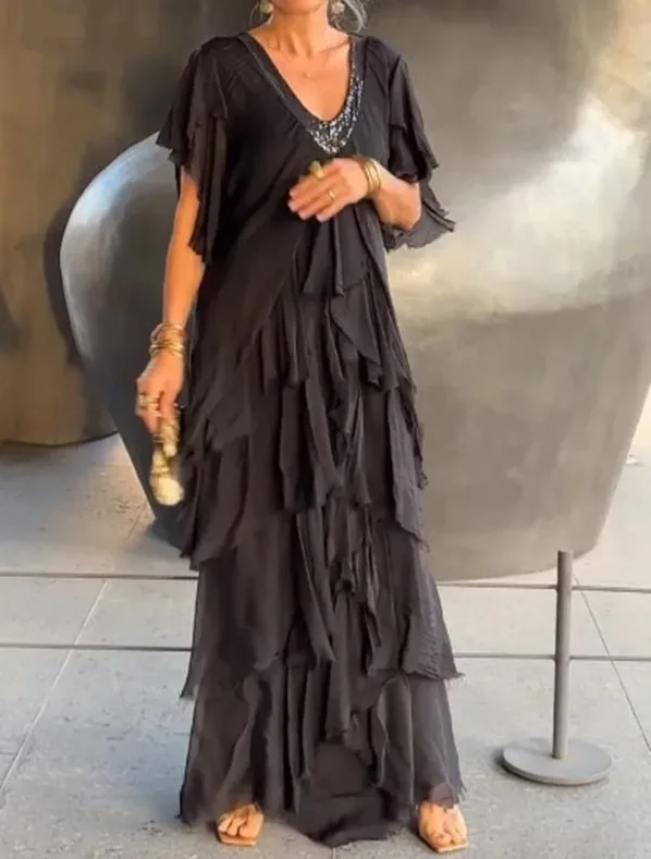 Robe longue sexy pour femmes, col en V, manches courtes, à volants, coupe ajustée, élégante, pour soirée, maxi, à empiècements, coupe A-line, taille haute