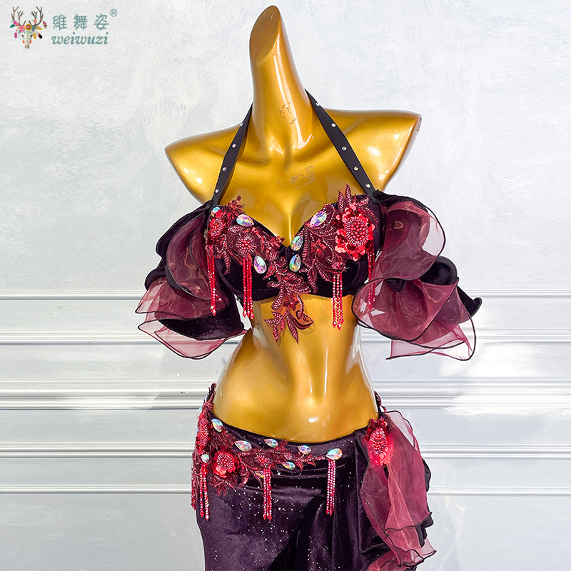 Costume de spectacle de danse du ventre pour femmes, soutien-gorge personnalisé + jupe longue fendue, 2 pièces, vêtements de danse orientale, tenue de danse du ventre