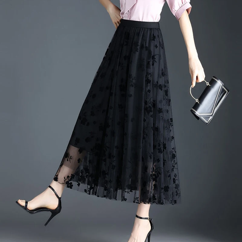 Jupe mi-longue en tulle pour femme, mode coréenne, crochet floral, élégante, décontractée, assortie avec tout, jupes en maille, été, nouveau