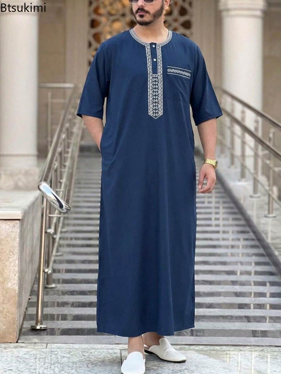 Nouvelle tenue musulmane pour hommes pour l'Aïd, style ethnique, abayas brodées à manches longues, robe ample décontractée de style saoudien, thobe musulman pour hommes