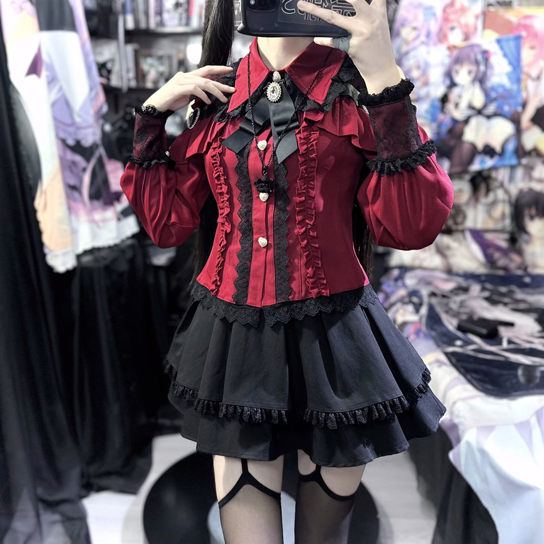Jirai kei tenue Lolita filles chemise jupe ensemble femmes Kawaii nœud à manches longues Y2K décontracté esthétique chemise Style japonais femmes