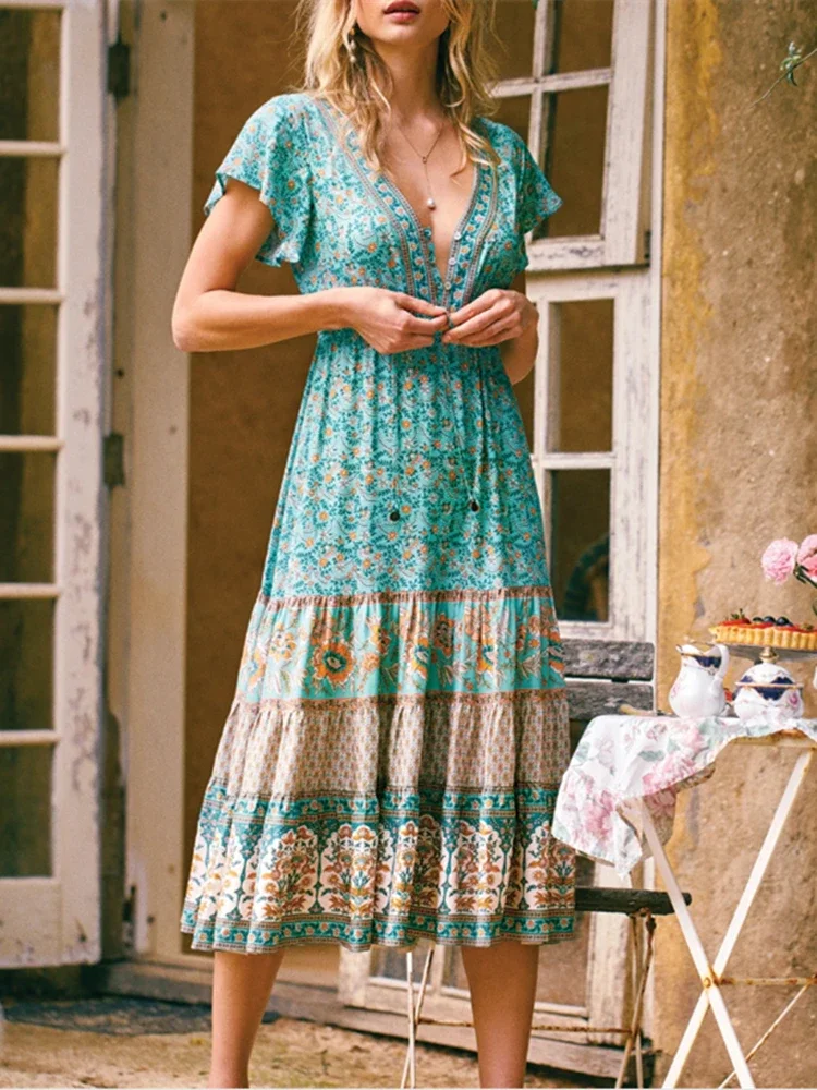 Robe de plage bohème à imprimé floral vintage pour dames, robe d'été Maxi, col en V croisé, robe Mod ie, robe éducative, ceintures de dîner