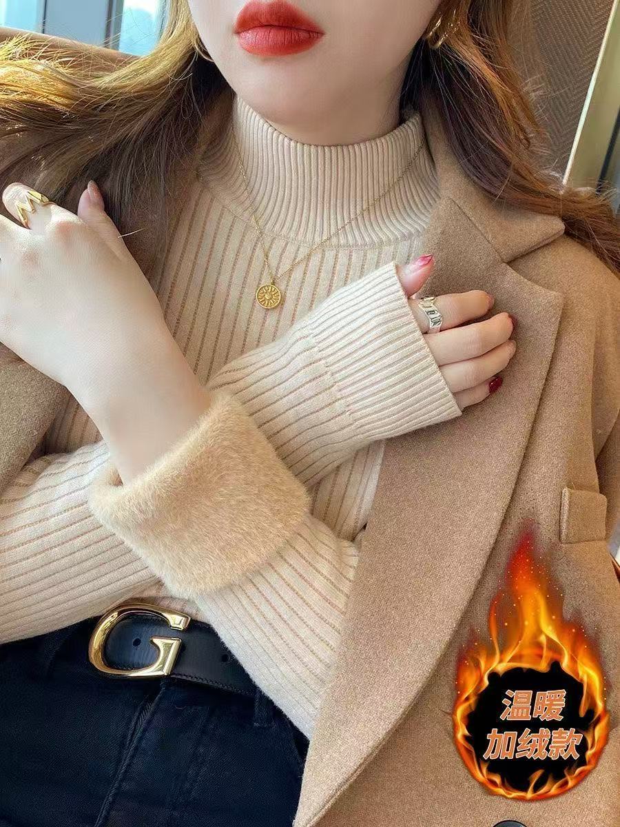Pull à col roulé pour femme, hiver 2026, rétro, avec doublure en velours, épais, vêtement thermique en tricot, pull de base.
