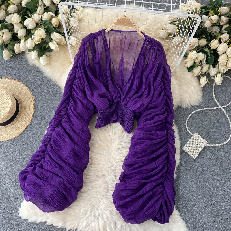 Chemisier court en mousseline de soie pour femmes, Sexy, transparent, manches Super longues, violet/vert/noir/blanc, plis, hauts de fête, nouvelle collection 2022