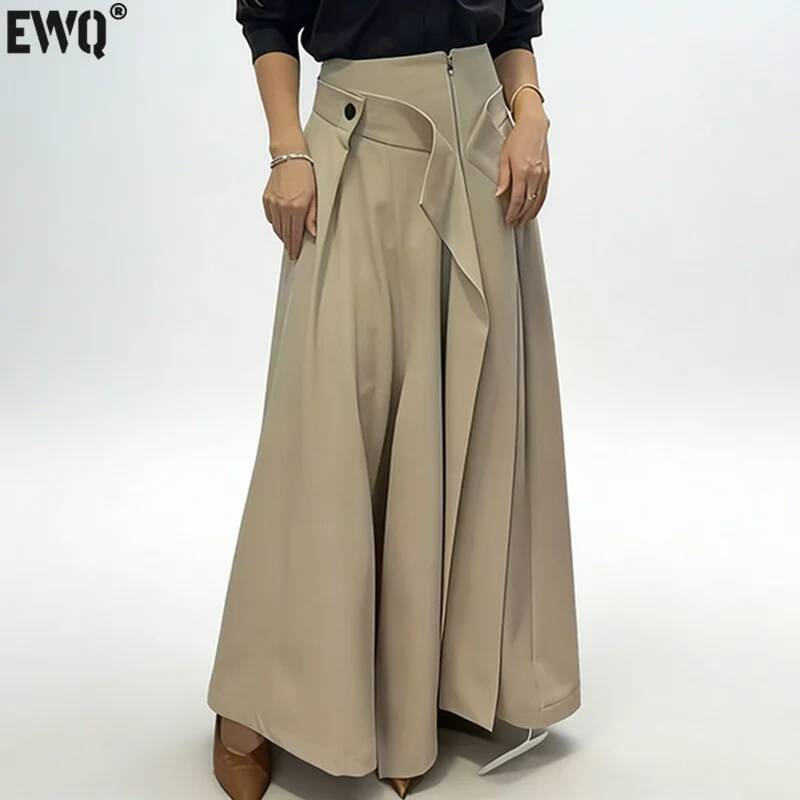 [EWQ] Jupe mi-longue élégante taille haute pour femme avec bords à volants, jupe mi-longue kaki simple, vêtement bas polyvalent pour le printemps