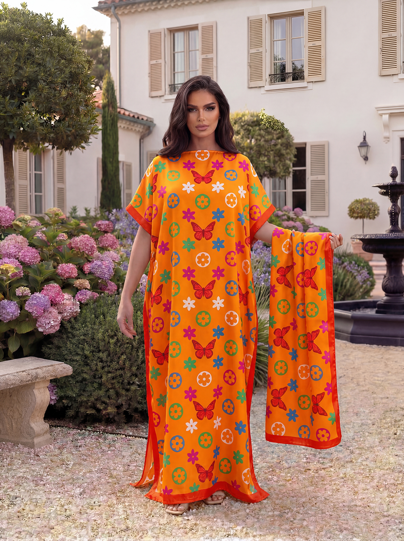 Abaya à imprimé floral de Dubaï avec foulard, kaftan maxi ample à col bateau et manches chauve-souris pour femmes musulmanes africaines