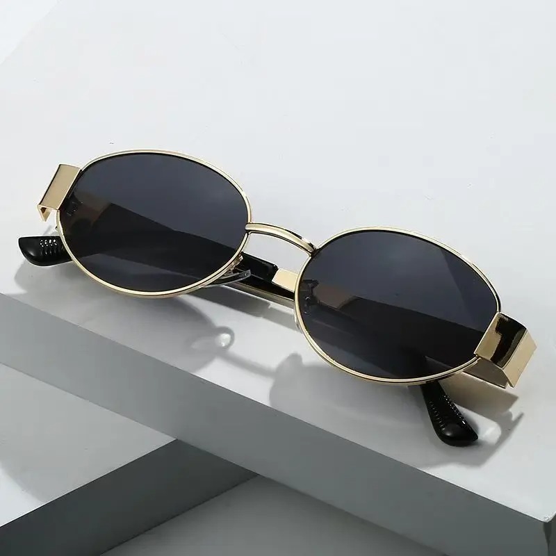 Lunettes de soleil ovales de luxe pour femme, monture métallique ronde, accessoires de plage, verres de protection UV400