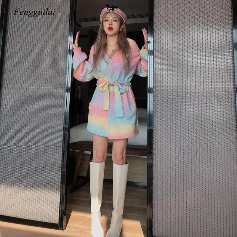 Pull arc-en-ciel tricoté pour femme, manteau tricoté, ample, décontracté, Kawaii, japonais, coréen, hiver, 2021