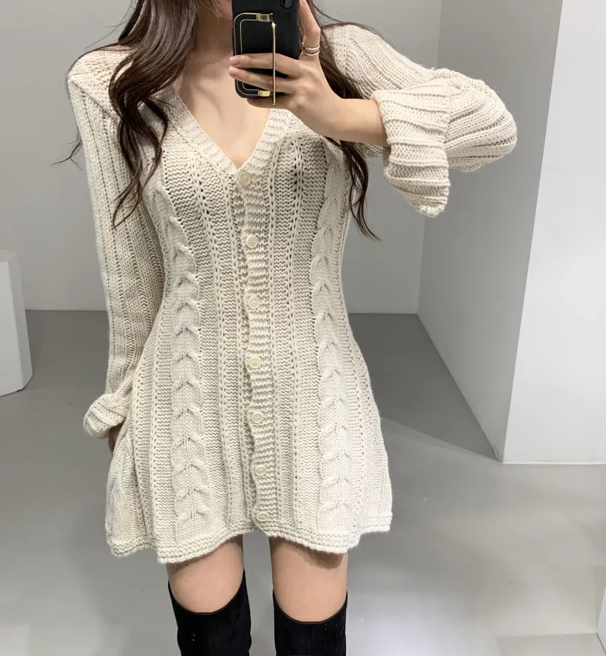 Robe pull pour femme, manches longues, tricot torsadé, boutonnée, ajustée, mini-robe, tenue rétro des années 90 pour adolescentes, automne-hiver