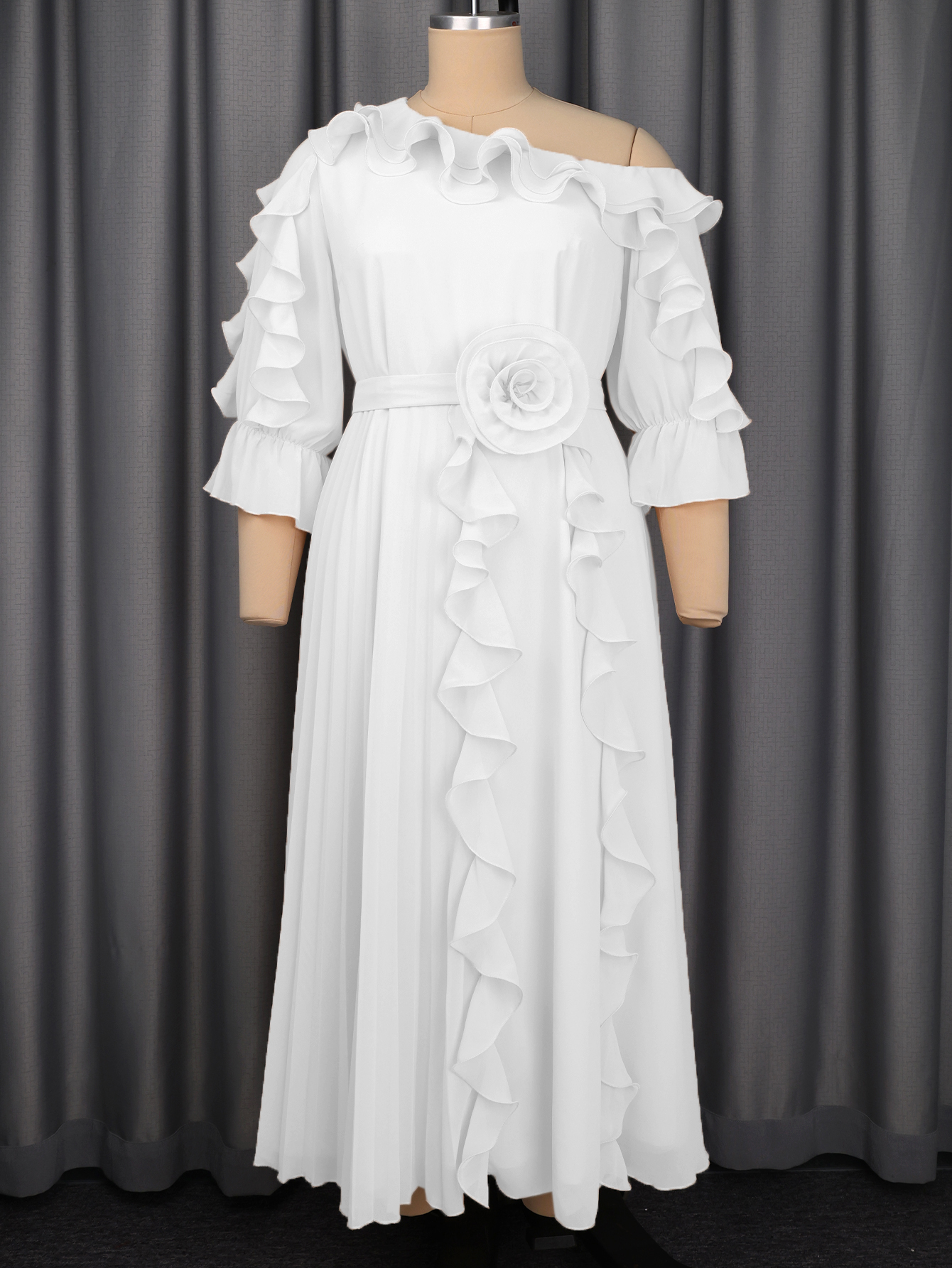 Nouvelle Robe en Chiffon Coupe Trapèze pour Femme Africaine, Épaule Unique, Manches Bouffantes, Volants Plissés, Superposée, Fleurs 3D, pour Invitée de Mariage, Occasion Spéciale, Événement