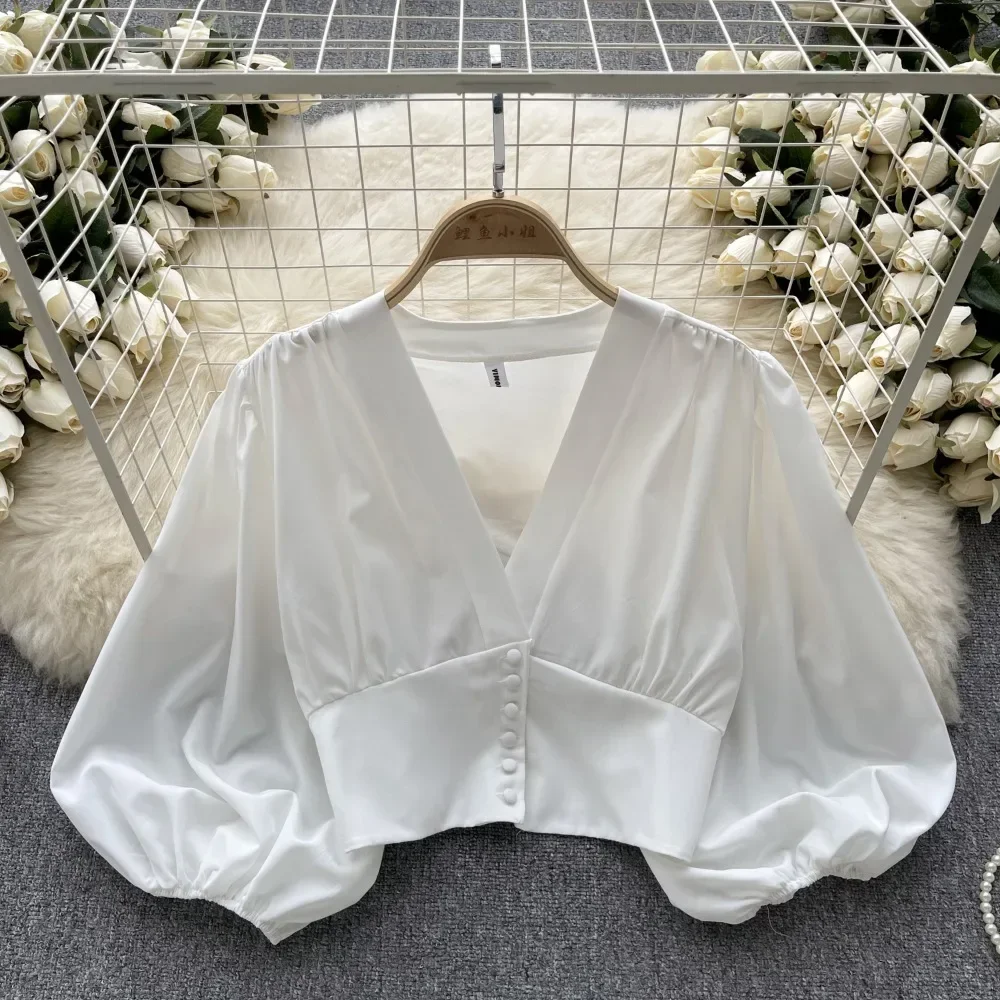 Chemises françaises Chic et élégantes pour femmes, col en v, manches longues bouffantes, chemisier pliable, polyvalent, ventre nu, hauts pour dames, livraison directe