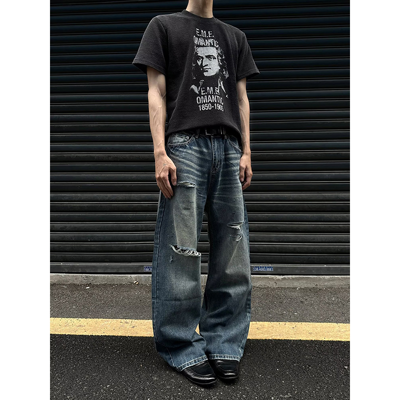 Jean pour homme robuste, délavé, multi-poches, style charpentier, coupe droite ample, décontracté, style urbain