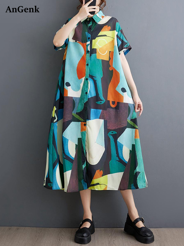 Nouvelles Robes Chemises Imprimées Vintage Été 2026 pour Femmes – Robe Midi Décontractée Ample à Manches Courtes – Vêtements Élégants et Tendance