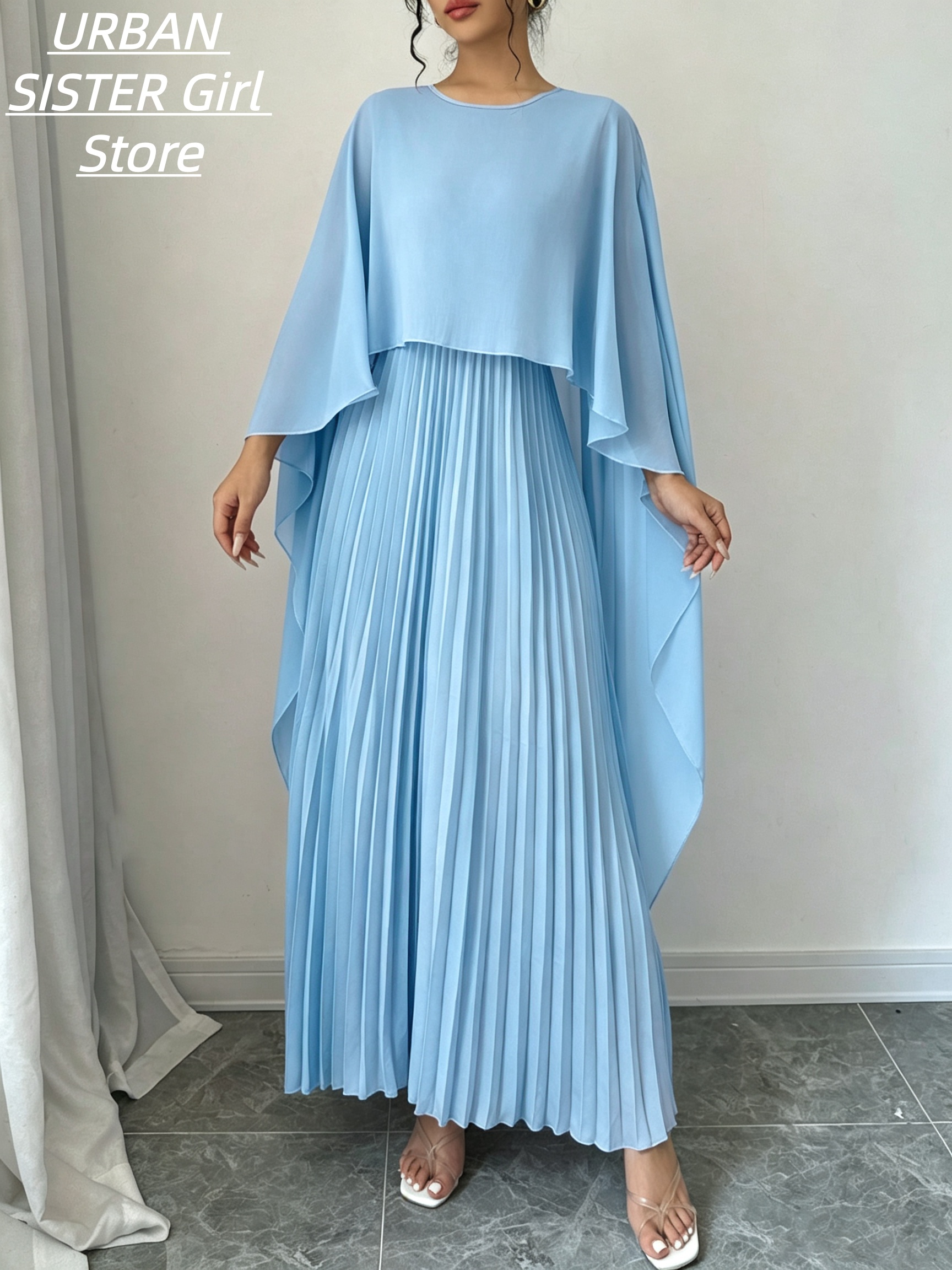 Robe cape bleu clair à col rond et manches volantées, robe longue plissée drapée avec un design effet deux pièces, robe longue pour banquets et vacances