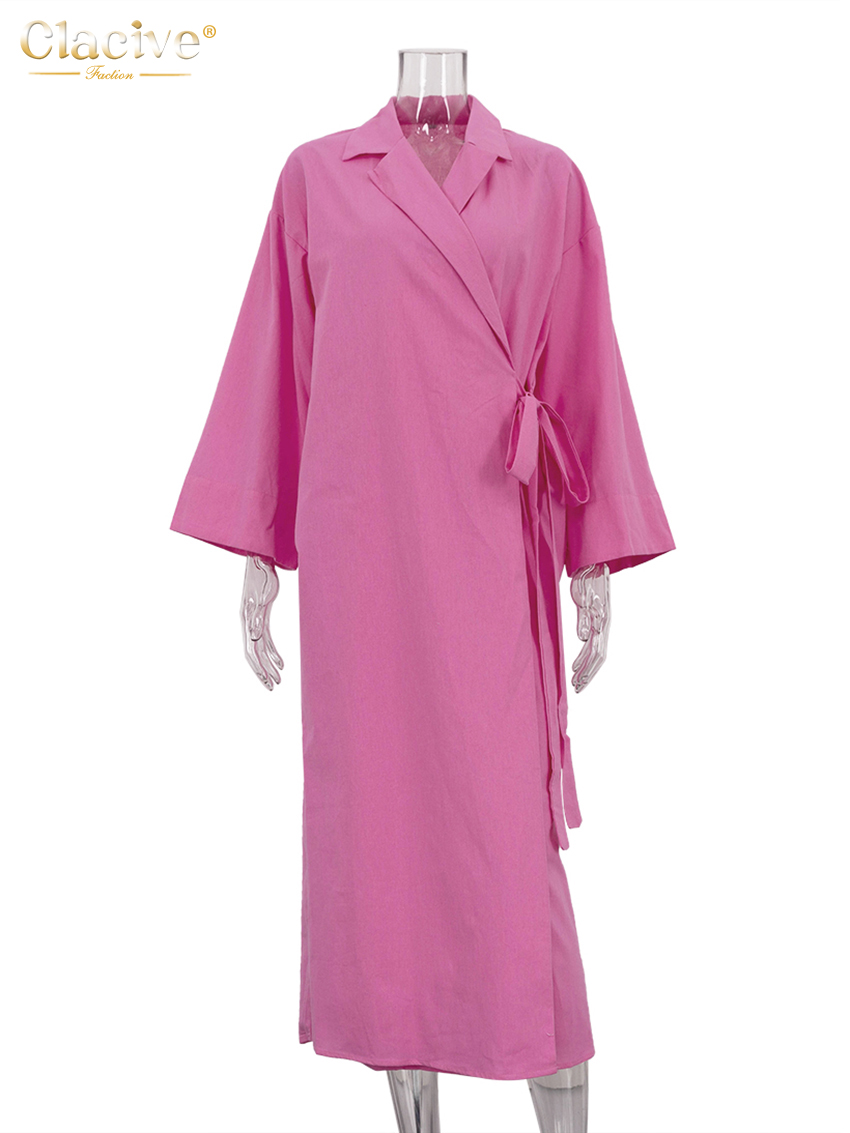 Clacive décontracté ample rose coton robe dames mode revers à manches longues cheville longueur robe élégante à lacets robes pour les femmes