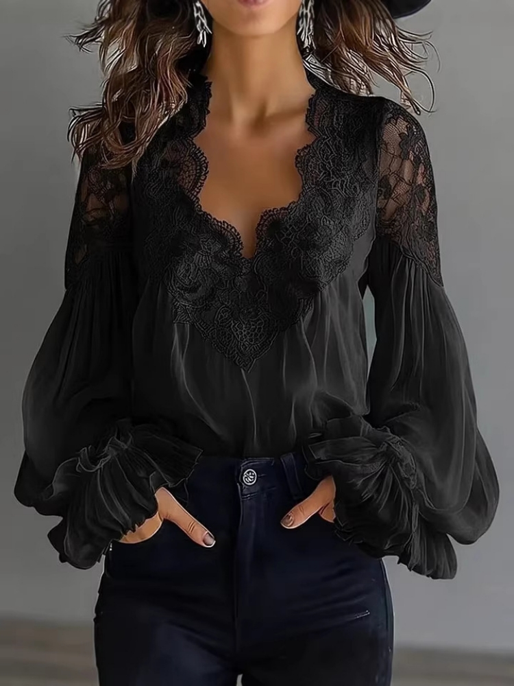 Chemise élégante pour femme, noire et blanche, sexy, col en V, dentelle, manches lanternes, chemise unie, chemise de bureau chic pour femme