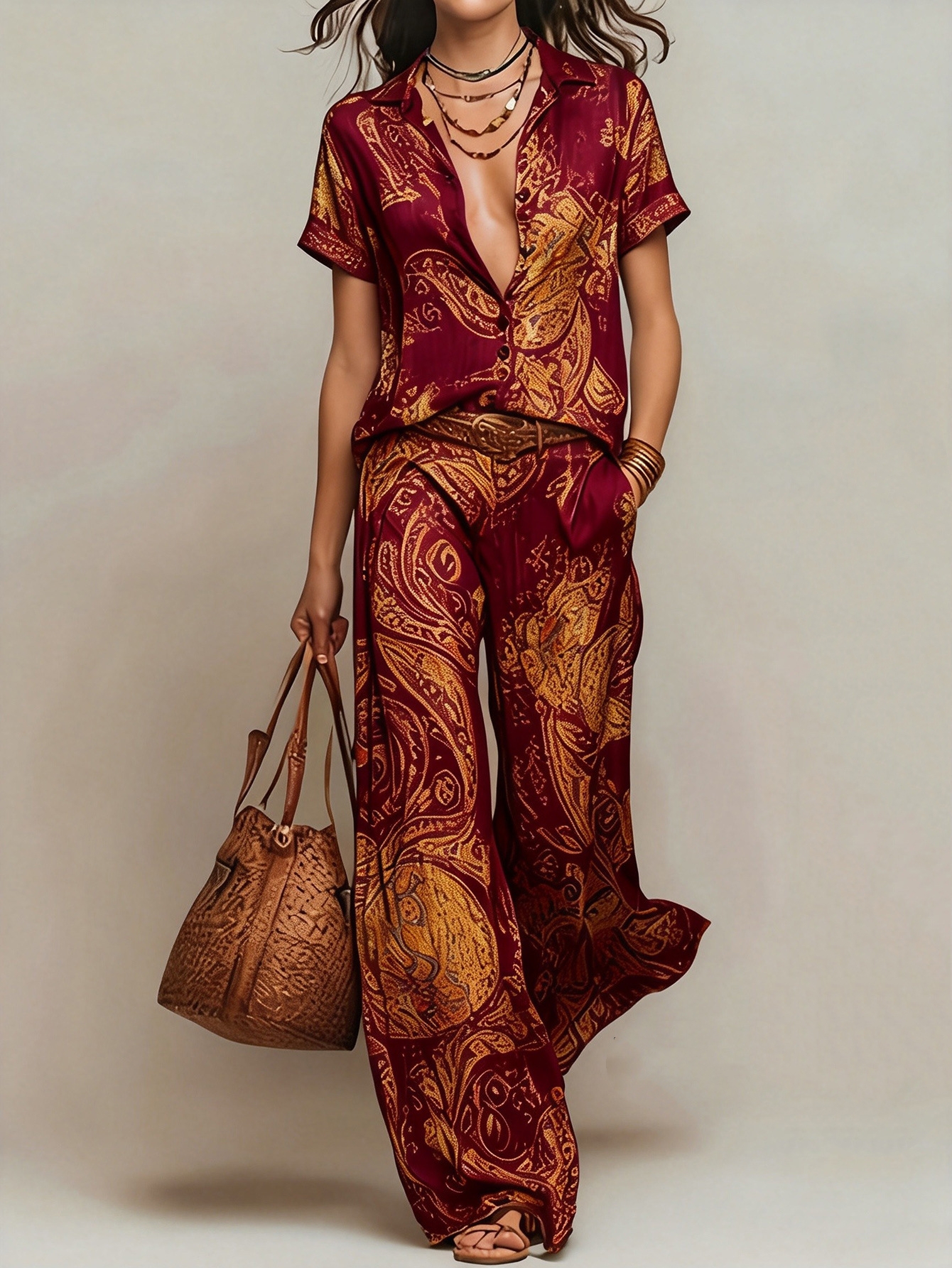 Ensemble deux pièces bohème pour femme, imprimé cachemire, haut à manches courtes col en V, pantalon large, tenue décontractée pour les vacances