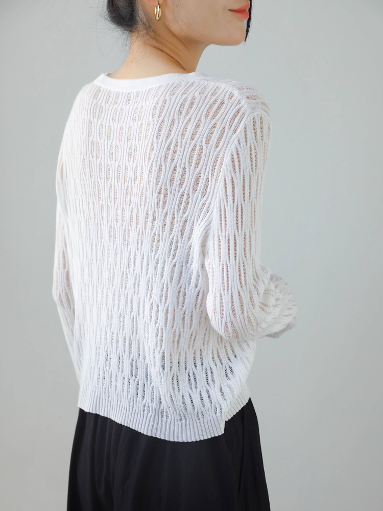 Cardigan en tricot à col rond et manches longues, style festonné, en lin et soie glacée ajouré, couleur unie, pour femme, Nouvelle collection Printemps-Été 2026