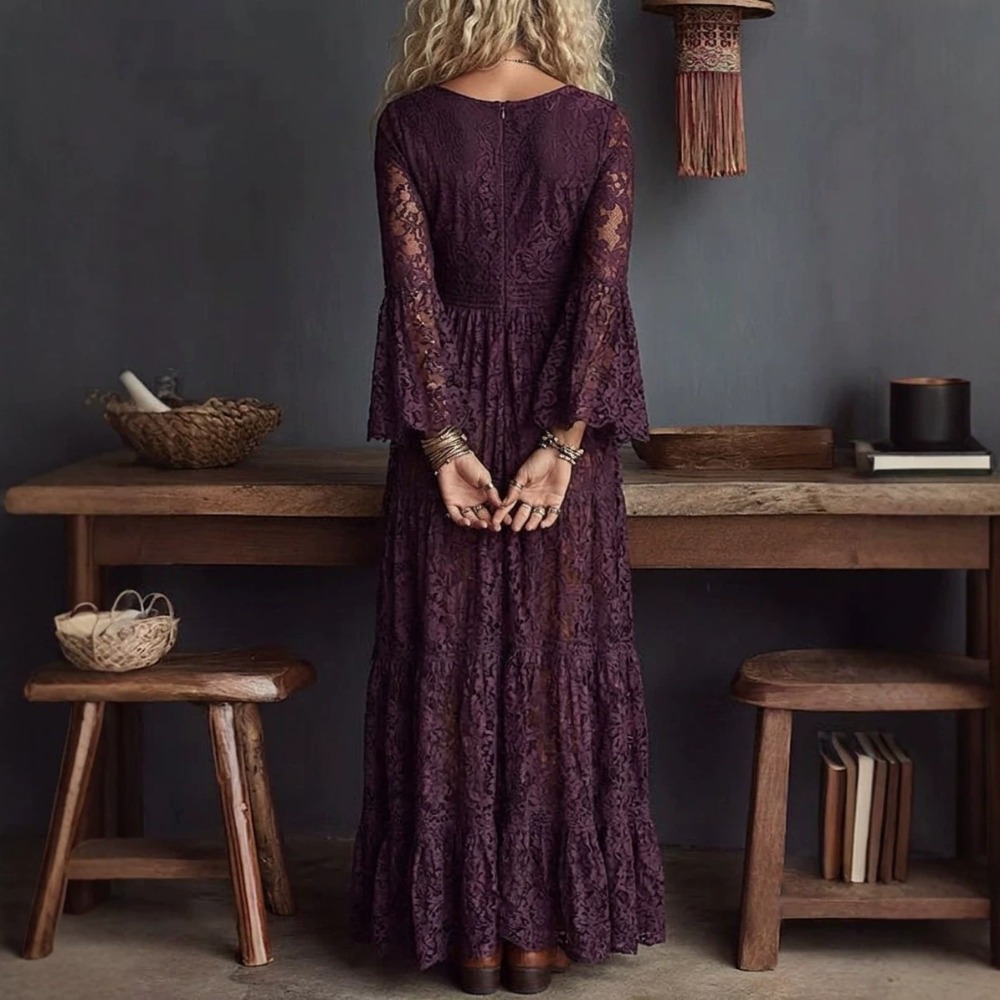 Robe longue élégante en dentelle pour femme, col en V, taille haute, manches longues, style bohème, transparente en maille, décontractée, pour les vacances et les soirées