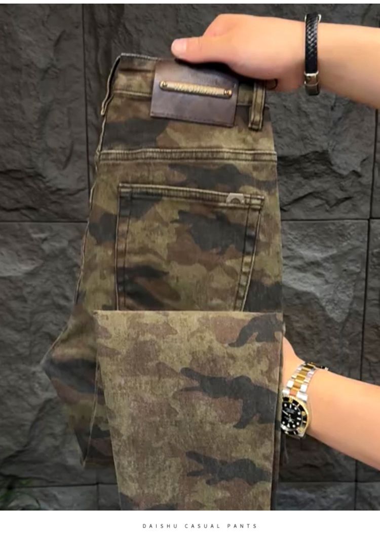 Jeans Homme Italie Luxe Lavé Camouflage Coupe Slim Droite 2026 Nouvelle Collection Haut de Gamme Tendance Décontracté Pantalon Long