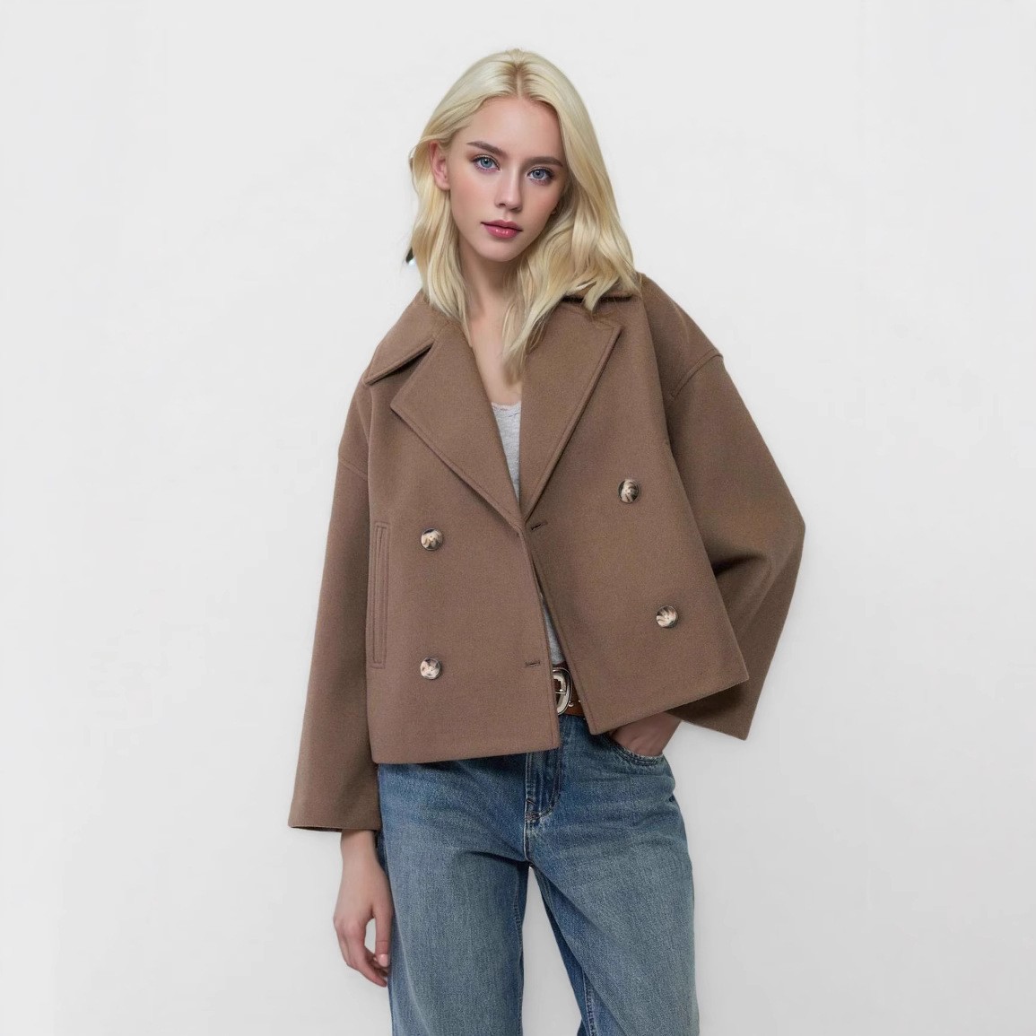 Femmes laine manteaux élégant manteau court Double boutonnage à manches longues vestes mélanges solide poches décontractées veste bureau dame automne