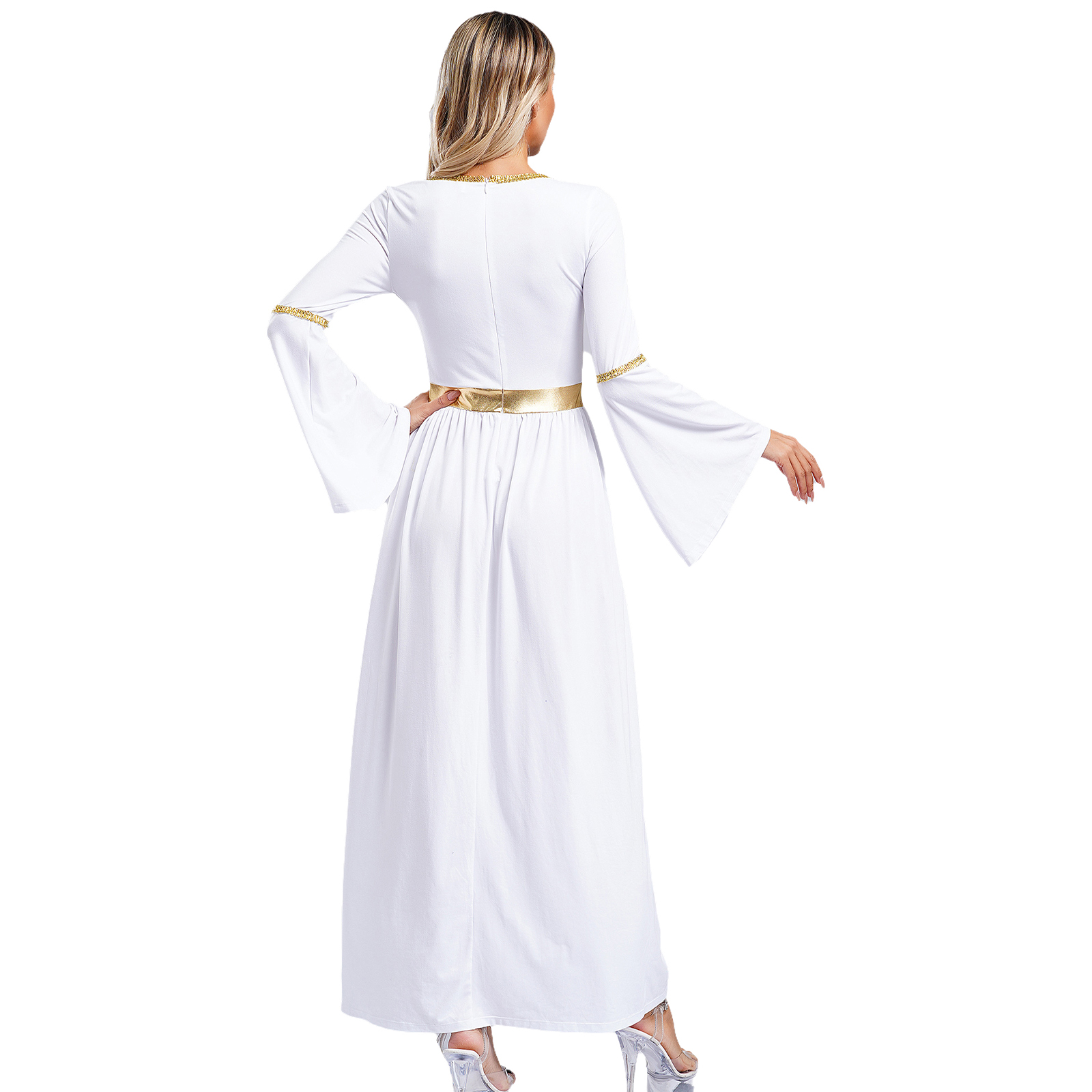 Robe Toga de beauté grecque romaine pour femmes, manches évasées, superposition métallique brillante, garniture dorée, Maxi, Costume de Cosplay d'halloween