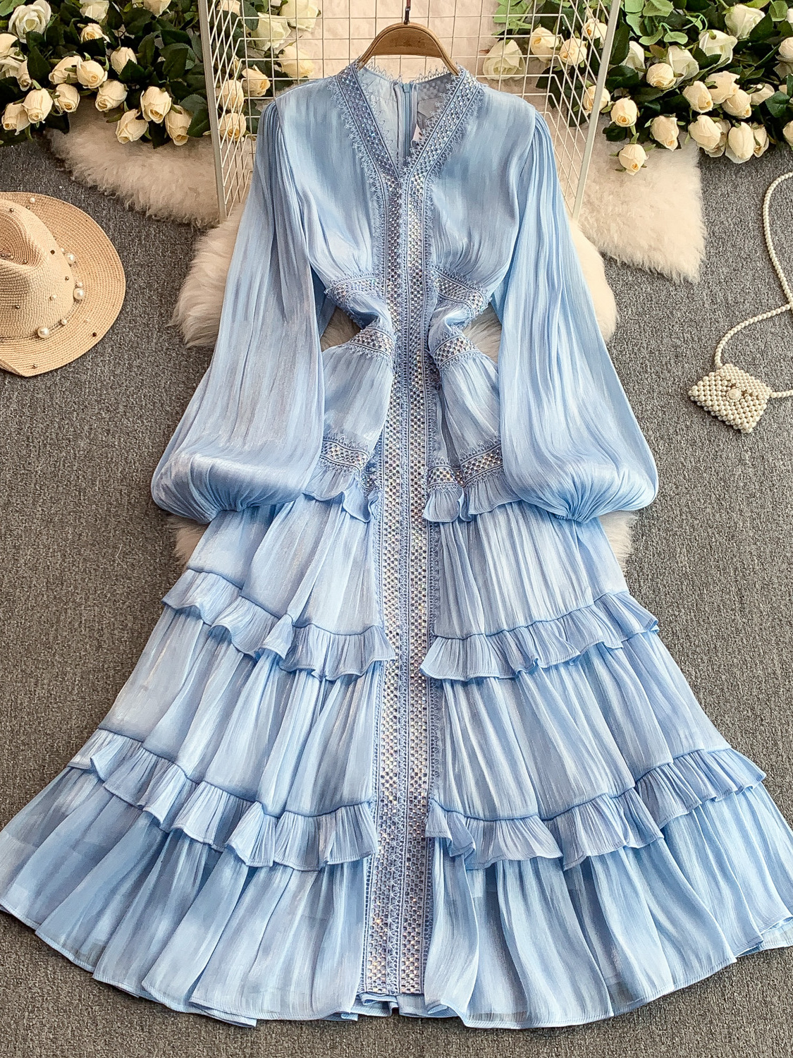 Neploe exquise français Vintage dentelle Ropa Mujer dentelle Patchwork col en V lanterne manches robe avancée brillante soie volants robes