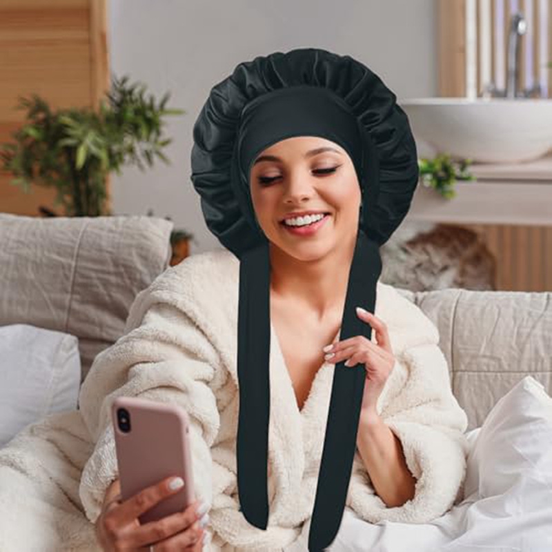 Bonnet de nuit en satin de soie pour femmes, bonnet de sommeil à large bord avec bande élastique, couleur unie, anti-frisottis