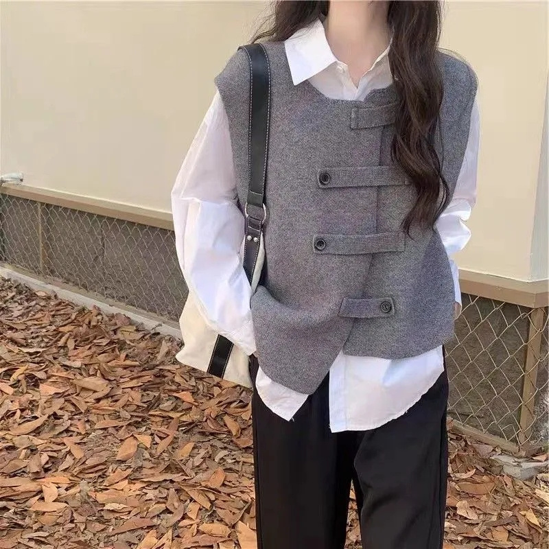 Femmes coréennes col rond gilet Cardigan 2025 dames couleur unie gilet vêtements d'extérieur automne hiver femme irrégulière sans manches manteau