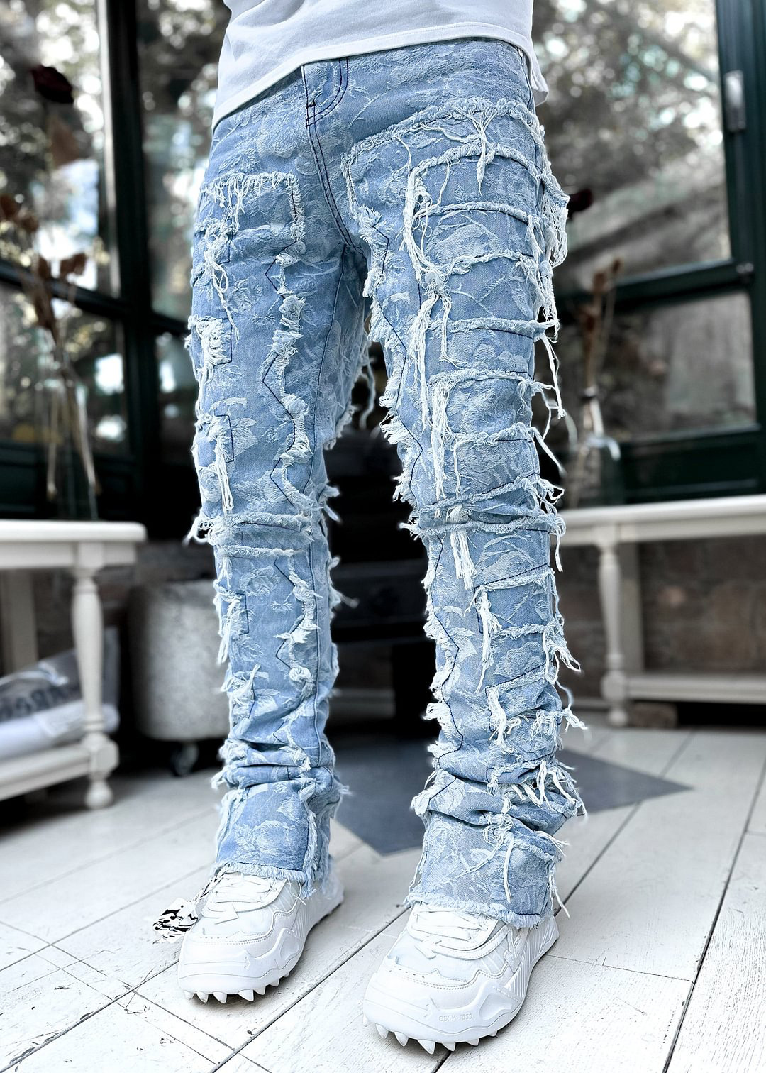 Viser de travail jeans de la nouvelle mode pour hommes, pantalons évasés en couches de denim de patchwork élastique de vêtements de travail de mode européenne et américaine S-XXL