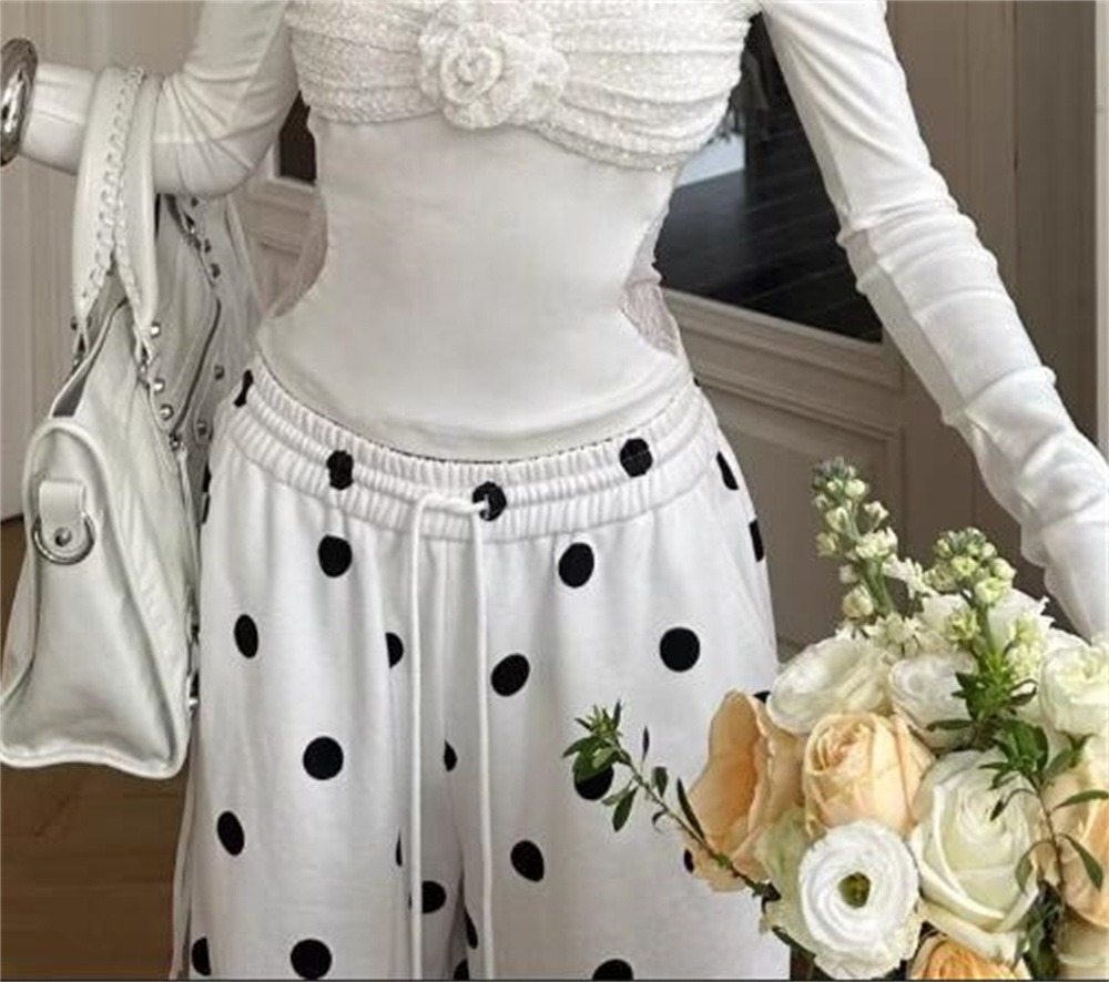 Pantalon large à pois pour femme, taille haute avec cordon de serrage, style coréen, collection Printemps-Été, streetwear