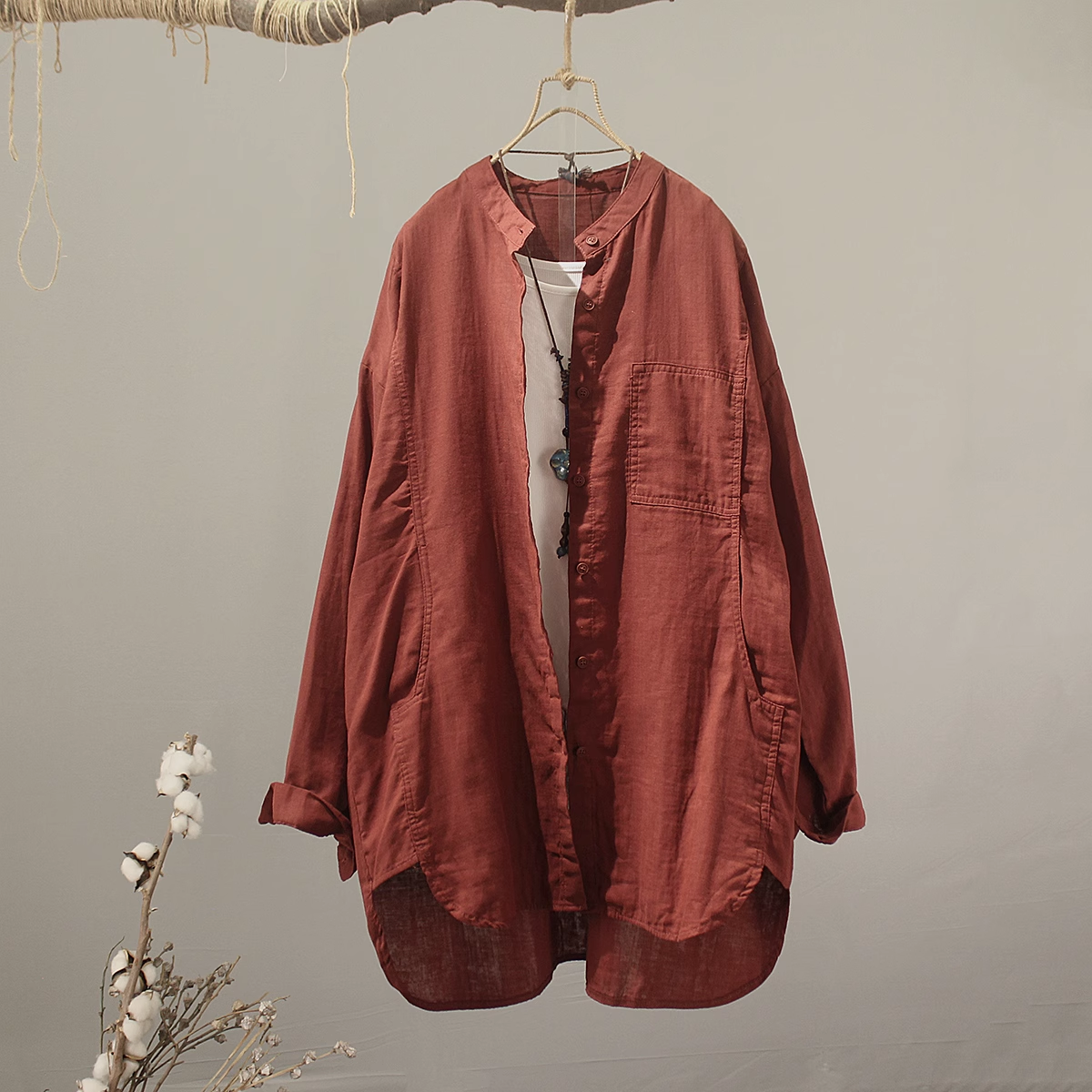 Vêtements pour femmes d'âge mûr 2026 – Hauts et chemisiers 100 % coton, style japonais, col montant, grandes tailles