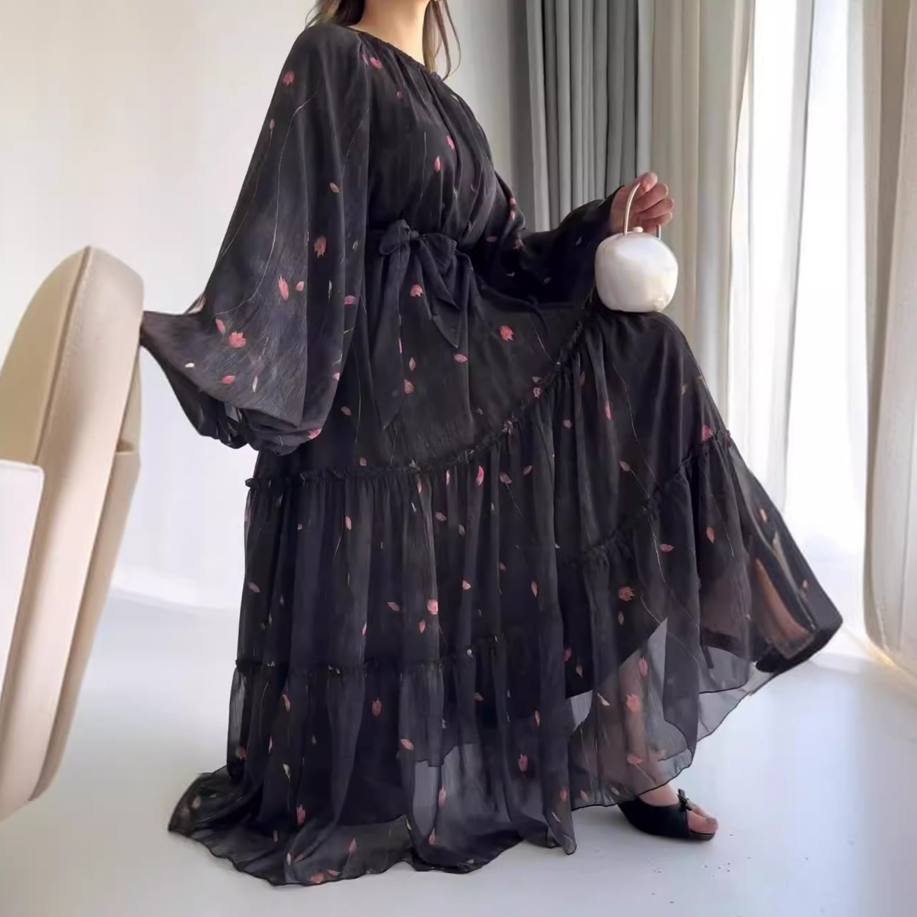 Robe longue à manches longues bouffantes pour femmes, robe trapèze décontractée, col rond, maxi à lacets, taille serrée, imprimé floral, épissure élégante, robe éducative