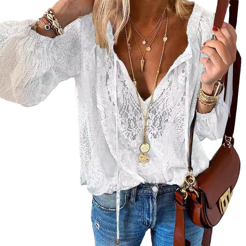 Chemisiers en dentelle évidés pour femmes, chemise pull à col en V profond, chemisier décontracté élégant, mode Boho, printemps, été