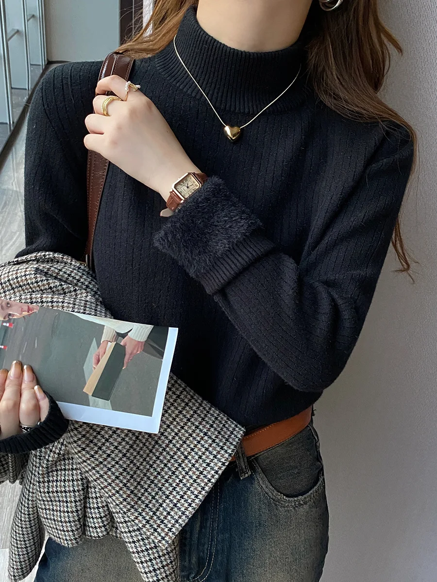Pull à col roulé pour femme, rétro rouge, avec doublure en velours, vêtements intérieurs épais, chemise à bascule en tricot thermique, hiver 2025