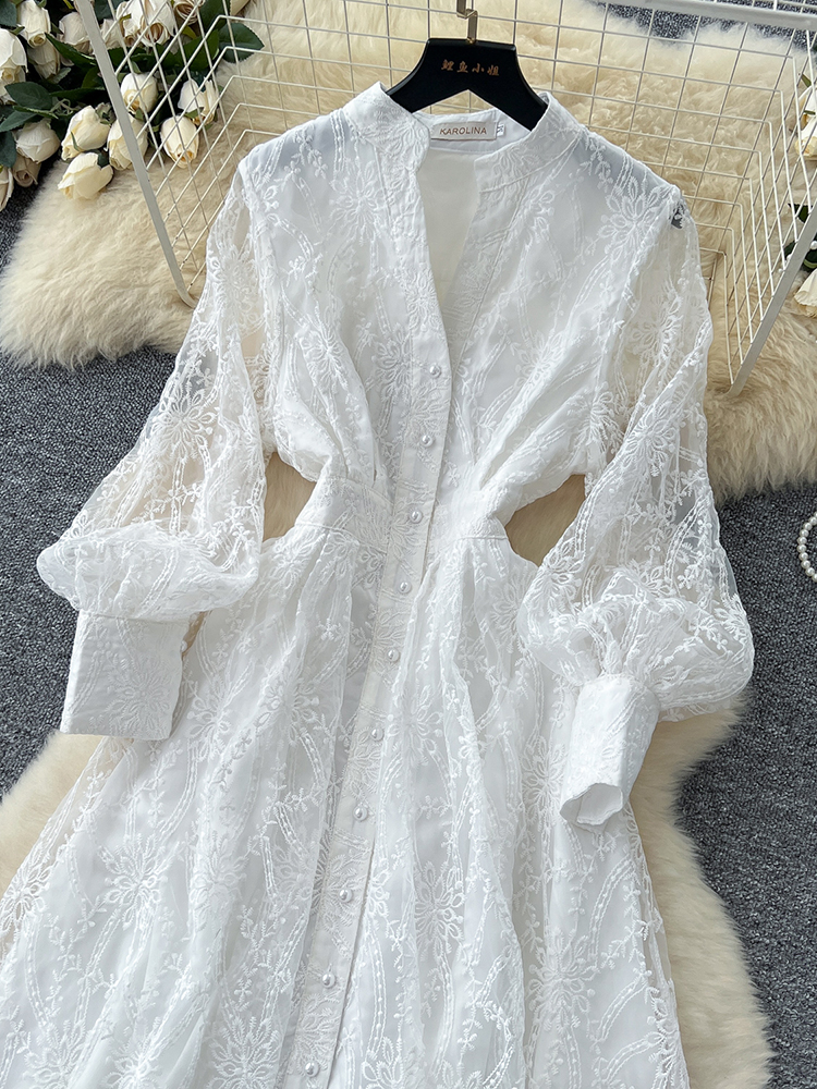 Nouvelle Robe Longue Élégante Française pour Femme, Col Montant, Boutonnage Simple, Taille Brodé, en Tulle, pour Fête d'Anniversaire S93