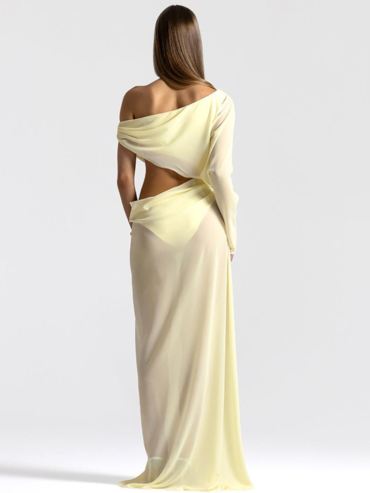 Robe longue maxi Sibybo sexy en mousseline transparente à col asymétrique pour femme, unie, ajourée, drapée, moulante, élégante pour soirée et fête