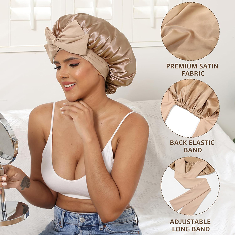 Bonnet de nuit en satin pour femmes, confortable, respirant, doux, pour cheveux bouclés, avec large bord élastique