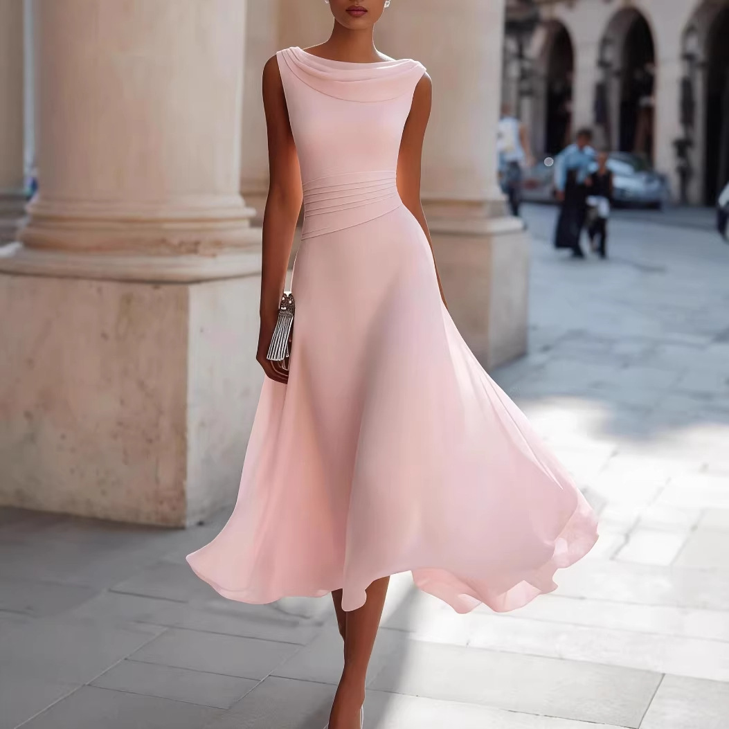 Robe midi élégante pour femme, drapée, à col drapé, sans manches, avec taille froncée, idéale pour les occasions formelles et les invitées de mariage