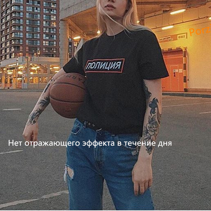 T-shirt femme avec inscription réfléchissante, à la mode, avec lettres imprimées de la POLICE